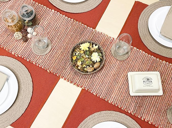 Chardin home Natural Jute Table Runner 13x90 Inch – Vintage Boho Rustic Table Decor – Handwoven Table Runner in Natural Jute and Rust Orange – Farmhouse Dining or Console Table Accent
