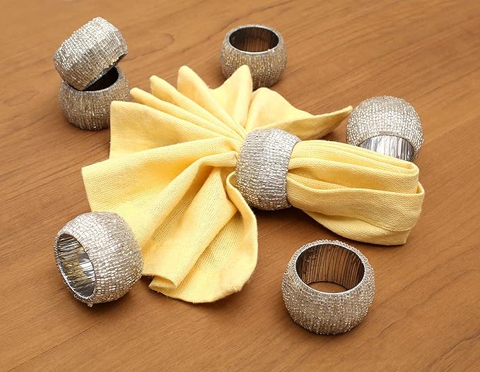 12 Pcs Beaded Napkin Rings - Rhinestone Napkin Buckles Glossy Napkin Bling Round Holders for Easter Holiday Wedding Banquet Home Party Dining Table Decoration (Silver) - CLEENTABLE
