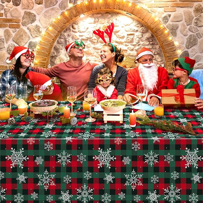 12Pcs Christmas Buffalo Plaid Snowflake Party Tablecloths Decorations,Plastic Red and Green Checkered Rectangle Table Cover for Winter Christmas New Year Birthday Holiday Party Decorations,54x108 inch