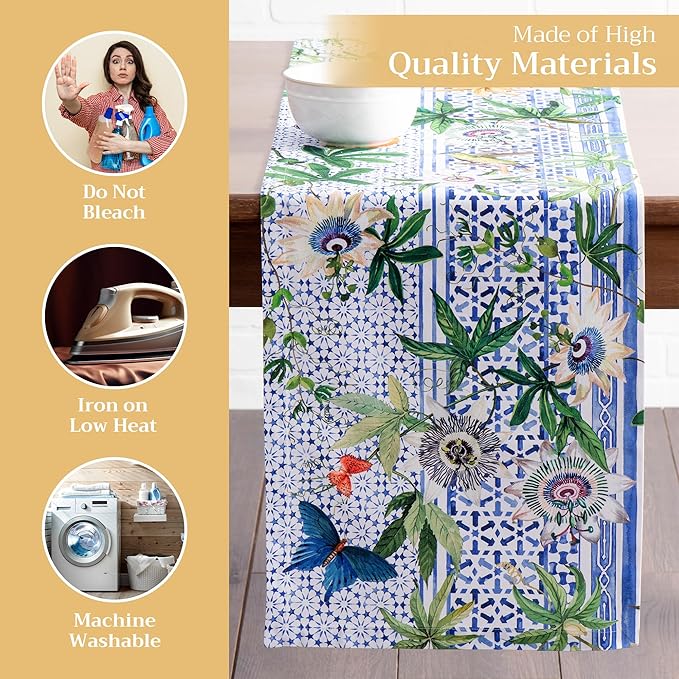 Maison d' Hermine Table runner 100% Cotton Single Layer Table Runners 72 inches long Decorative for Home Kitchen Dining Party Baby Shower Wedding Bridal Shower Spring Summer (Passiflora, 14.50" x 72")