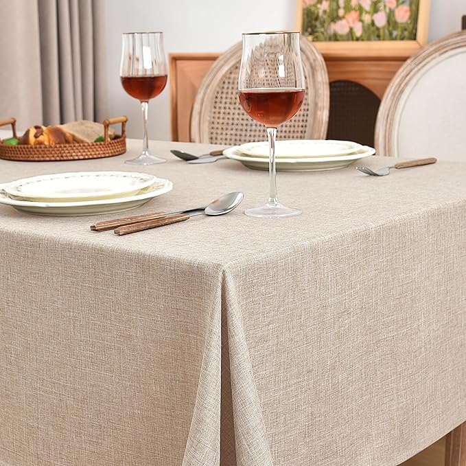 Fitable Faux Linen Beige Tablecloths for Rectangle Tables - 90 x 156 Inch - 6 Pack Fabric Textured Washable Table Clothes Floor Lenghth Table Covers for Wedding, Party, Banquet, Birthday