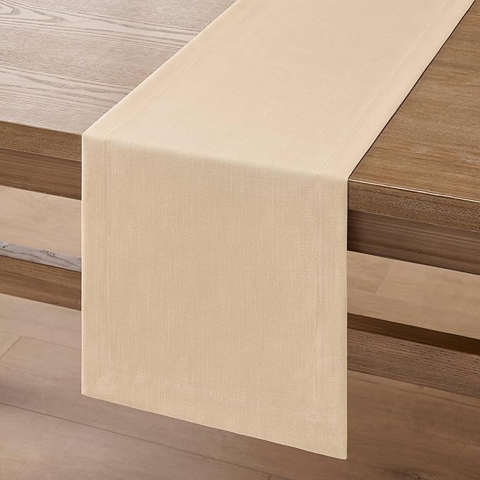 ZeeMart Linen Textured Border Table Runner, 14 x 72 Inch Oatmeal, Farmhouse Style Beige Table Runners 72 Inches Long, Easy Care Everyday Polyester Table Runner