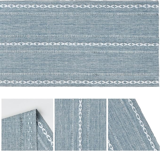 Artoid Mode Dusty Blue Cotton Linen Table Runner, Seasonal Rustic Embroidered Hollow Kitchen Dining Table Decoration for Home Party Decor 13x72 Inch