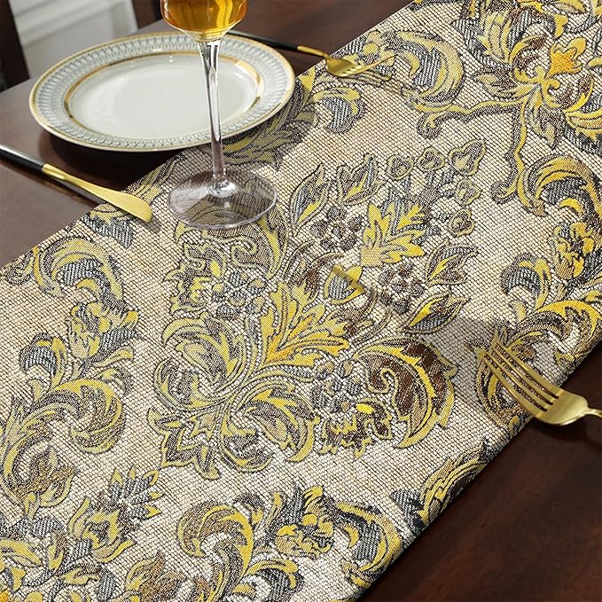 Dazzling Elegant Jacquard Table Runner with Handmade Tassels - Beige (13x84 inch)