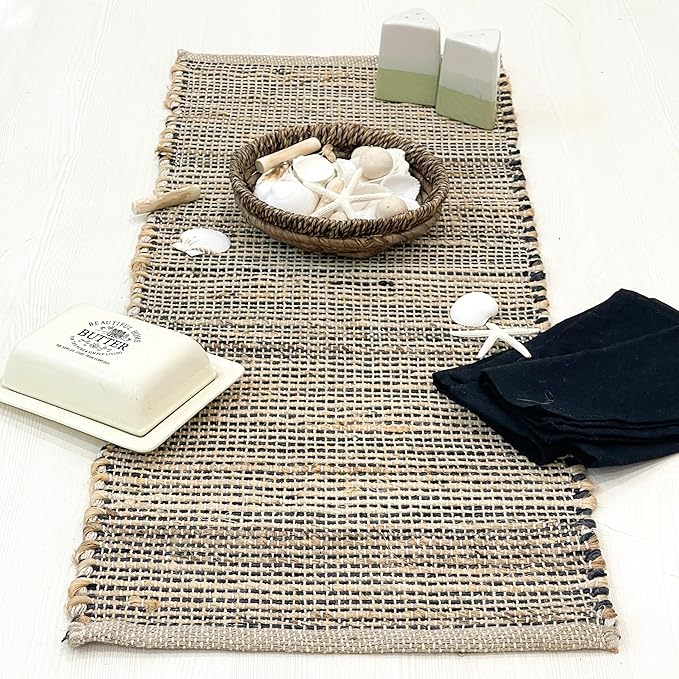 Chardin home Natural Jute Table Runner 13x48 Inch – Vintage Boho Rustic Table Decor – Handwoven Table Runner in Natural Jute and Black – Farmhouse Dining or Console Table Accent