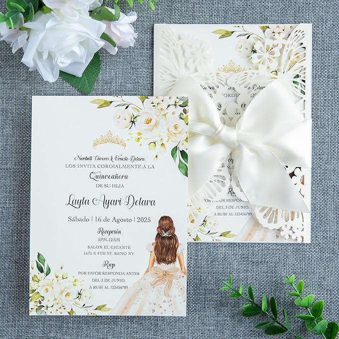 20 PCS 5.12x7.2 Butterfly Quinceanera Invitation, Laser Cut Wedding Invitation Cards with Envelopes for XV Anos Bridal Shower Baby Shower Invite (Ivory)