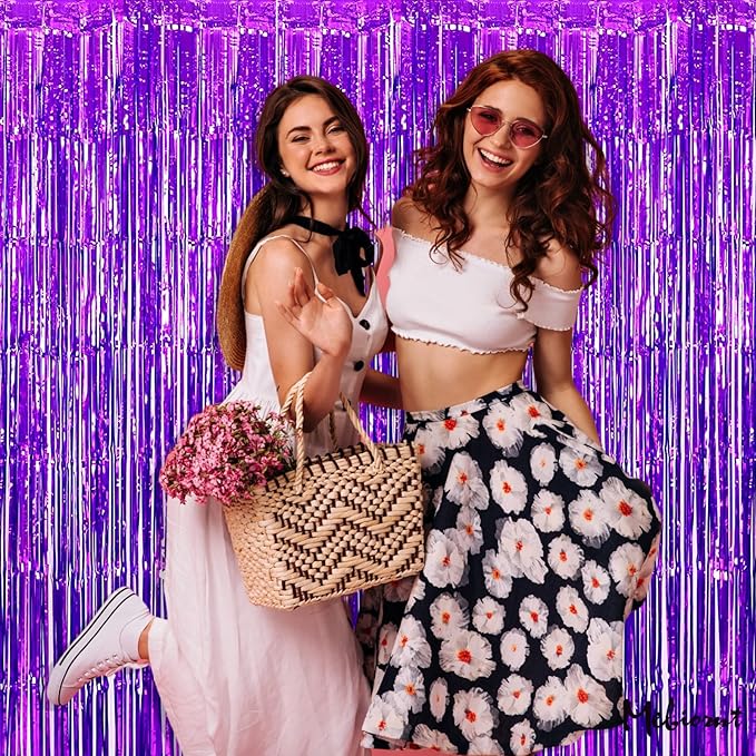 4 Pack Purple Fringe Curtain Backdrop, 3.2Ft x 6.6Ft Metallic Tinsel Foil Fringe Streamers Curtains Background for Photo Booth Birthday Wedding Baby Shower Party Thanksgiving Christmas Decorations