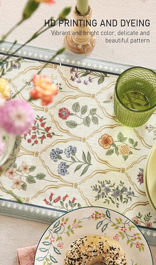 ISAENNE Designer Vintage Elegant Linen Table Runner 102 Inches Long,Colorful Wildflower Pattern Runner,Decor Table Runners for Dining Tables,Thanksgiving,Christmas,Banquet,12"*102"-Serenity B
