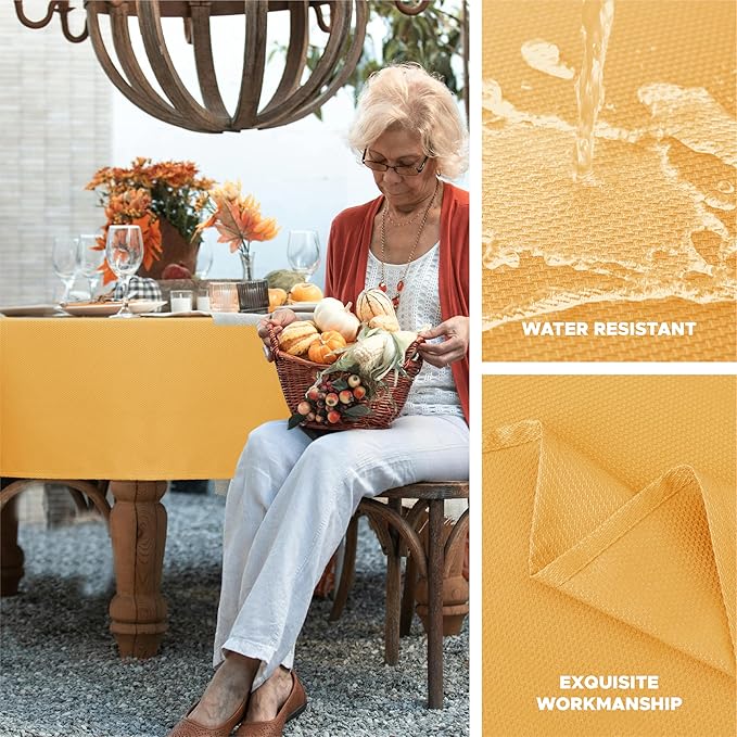 Biscaynebay Fall Tablecloth Textured Fabric 70x108 Inch Rectangular, Fall Gold Thanksgiving Autumn Harvest Water Resistant Fabric Tablecloths for Kitchen, Dining, Wedding, Parties Machine Washable