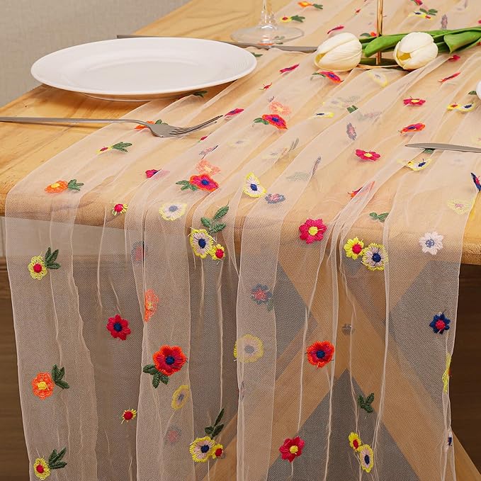 BINBE 1pcs Champagne Daisy Fall Table Runner Embroidery Gauze 10FT Florals Seasonal Tulle Holiday Birthday Kitchen Dining Table Decor for Home Party