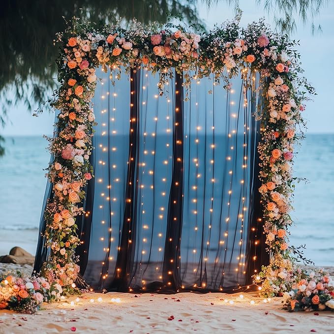 Tulle Backdrop Curtain with Lights String 10FT X 8FT Black Sheer Tulle Backdrop Curtains for Wedding Birthday Party Reception Photo Booth Background Decorations (2 Panels 5x8FT)
