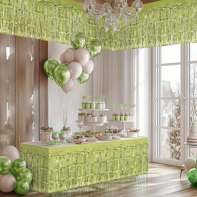 2 Pack Lime Green Table Skirts, 29x108" Metallic Foil Tinsel Fringe Table Skirt for Rectangle Tables Streamer Curtains Backdrop, Party Decorations for Birthdays, Weddings, Holidays