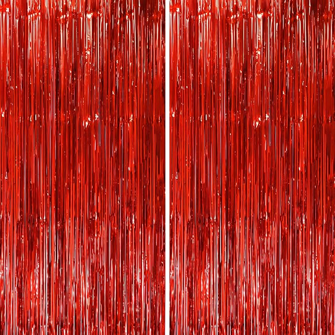 2 Pack Red Tinsel Foil Fringe Curtains, Red Party Decorations, Metallic Tinsel Party Streamers Backdrop for Birthday Red Carpet Christmas Graduation Carnival Valentine's Party Decorations