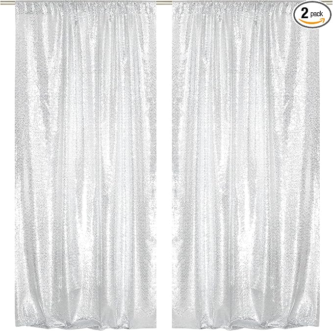 SquarePie Sequin Backdrop Curtain 8FT x 10FT Silver Satin Backing Fabric Photography Background for Wedding Patry 4FT x 10FT 2 Panels