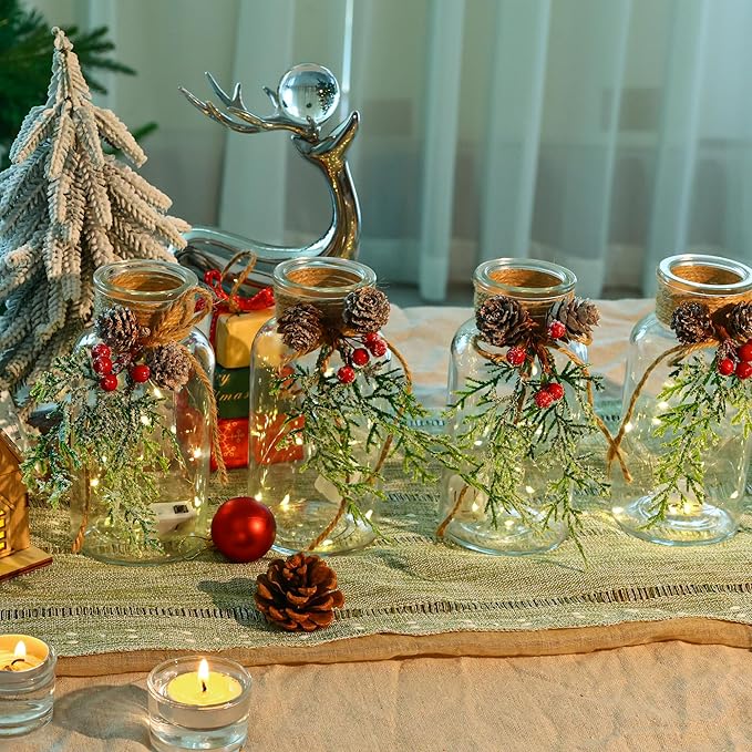 Set of 6 Xmas Decor Vases Christmas Centerpieces for Tables Farmhouse Holiday Table Decor Clear Glass Vases with Twine Ties for Christmas Decorations