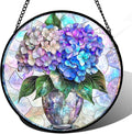 Stained Glass Window Hanging, Blue Purple Hydrangea Flowerpot Suncatcher for Doors Home Sun Catchers Decoration and Christmas, Mother's Day Birthday Gifts for Women, Men, and Mom 11.8 in