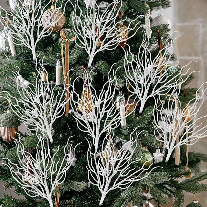 8 Pcs White Coastal Ornaments for Christmas Tree 15.7inch Glitter Coral Beach Ocean Spray Pick Branch Christmas Tree Topper Decorations Filler Twigs for Xmas Vase Wreaths Gift