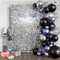 Qcity Silver Shimmer Wall Backdrop 24PCS, Black Back Not See-Through Design, Square Sequin Glitter Backdrop Panel, Perfect for Outdoor Events, Birthdays, Wedding and Party Decoration
