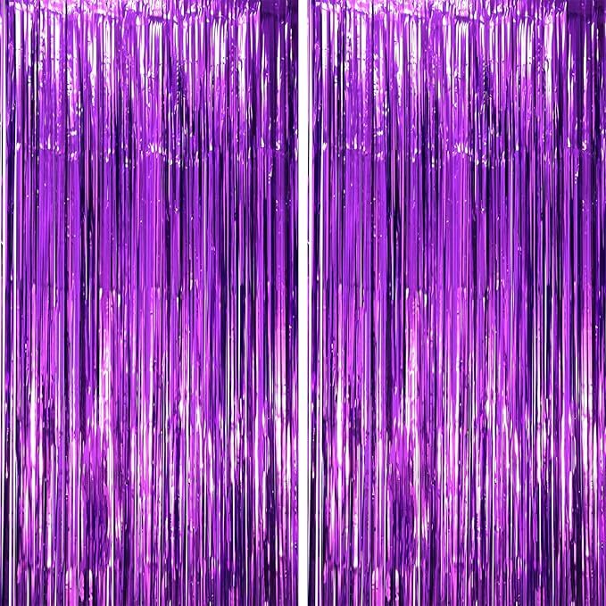 2 Pack Purple Tinsel Foil Fringe Curtains, Purple Party Decorations, Metallic Tinsel Party Streamers Backdrop for Halloween Mermaid Bachelorette Graduation Party Decorations