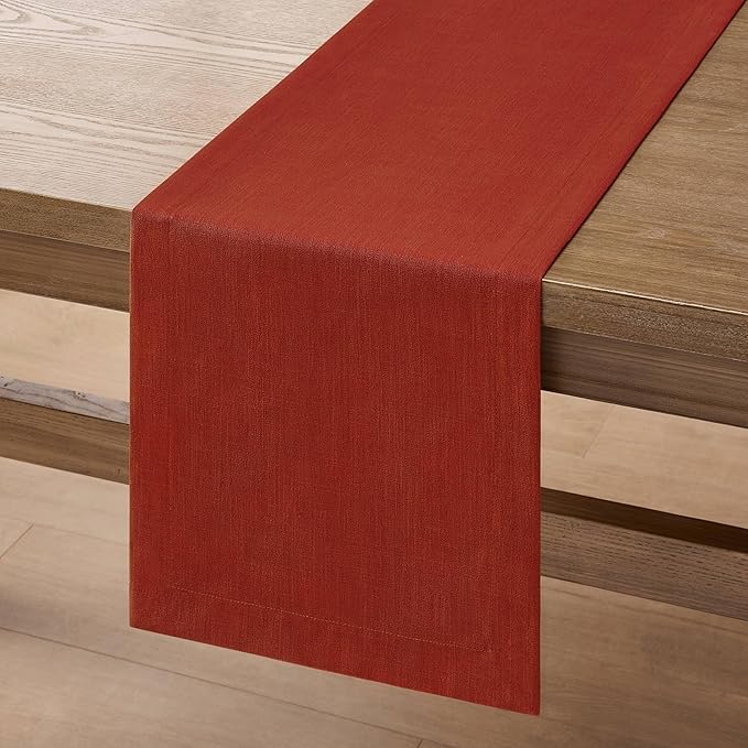 ZeeMart Linen Textured Border Table Runner, 14 x 36 Inch Orange, Farmhouse Style Burnt Orange Fall Table Runners 36 Inches Long, Easy Care Everyday Polyester Table Runner