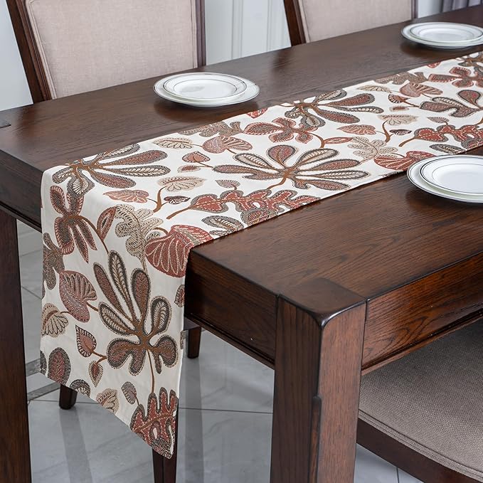 Mika Home Tropical Leaf Table Runner for Home Decor 13X90 Inches Coral Brown Seasonal Dining Table Decoration for Home