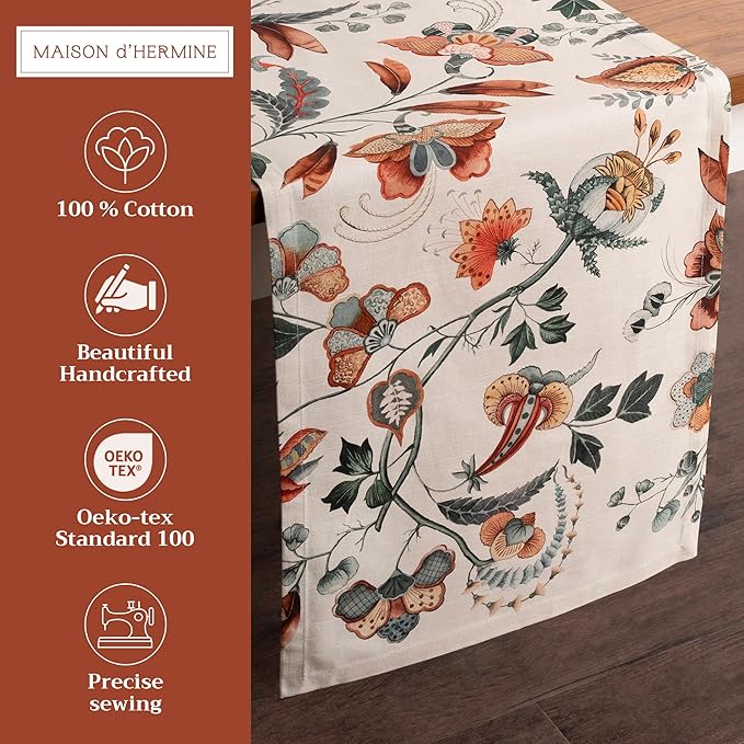 Maison d' Hermine Table Runner 100% Cotton Single Layer Table Runners 72 inches Long for Thanksgiving Christmas Decorations Home Kitchen Dining Party Wedding (Dalida, 14.5" x 72")