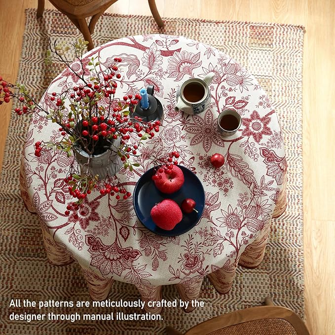 ISAENNE Designer French Linen Round Tablecloth,Red Floral Washable Indoor Table Cloth,Durable Home Decor Tablecloths for Dining Thanksgiving Kitchen Party Christmas,Diameter 67"-Ruyi A