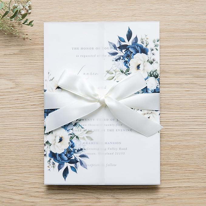 PONATIA 50PCS Vellum Jackets for 5x7 Invitation Cards- 135GSM Dusty Blue Flowers Vellum Sleeves, Wedding Invitations Wraps - Transparent Christmas Gift Cards Jackets