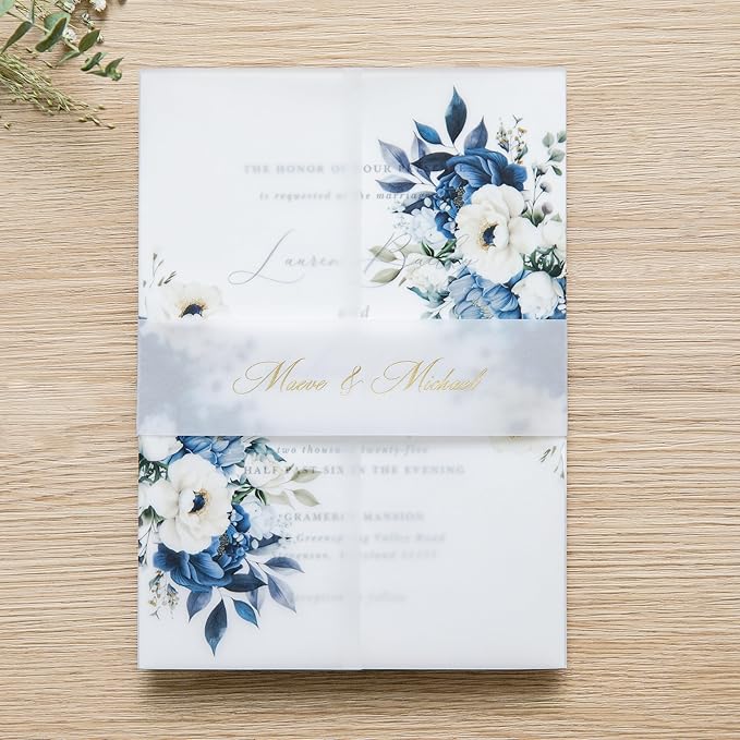 PONATIA 50PCS Vellum Jackets for 5x7 Invitation Cards- 135GSM Dusty Blue Flowers Vellum Sleeves, Wedding Invitations Wraps - Transparent Christmas Gift Cards Jackets