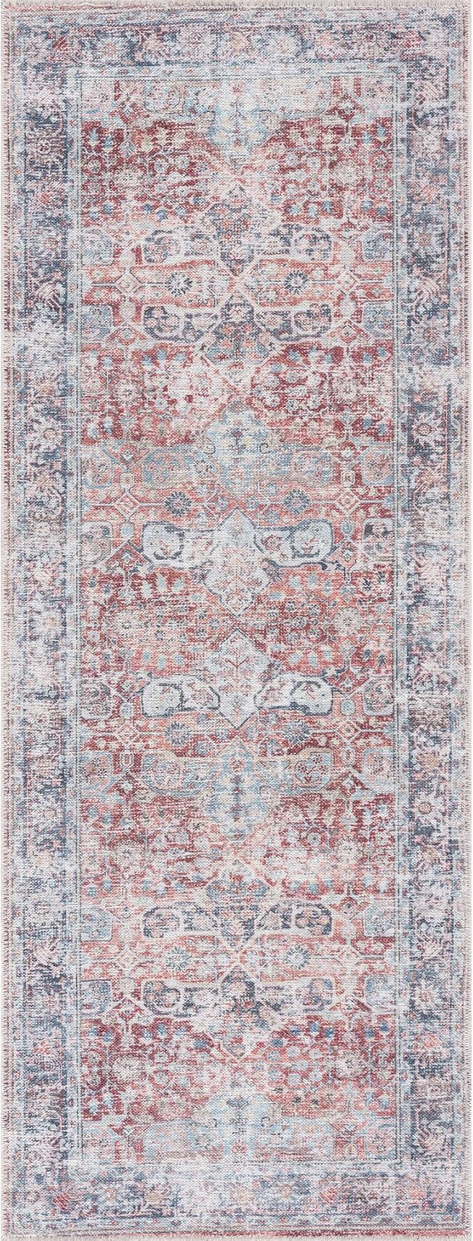 Bloom Rugs Caria Washable Non-Slip 7 ft Runner - Brick/Dark Blue Traditional Runner for Entryway, Hallway, Bathroom, and Kitchen - Exact Size: 2'6" x 7'