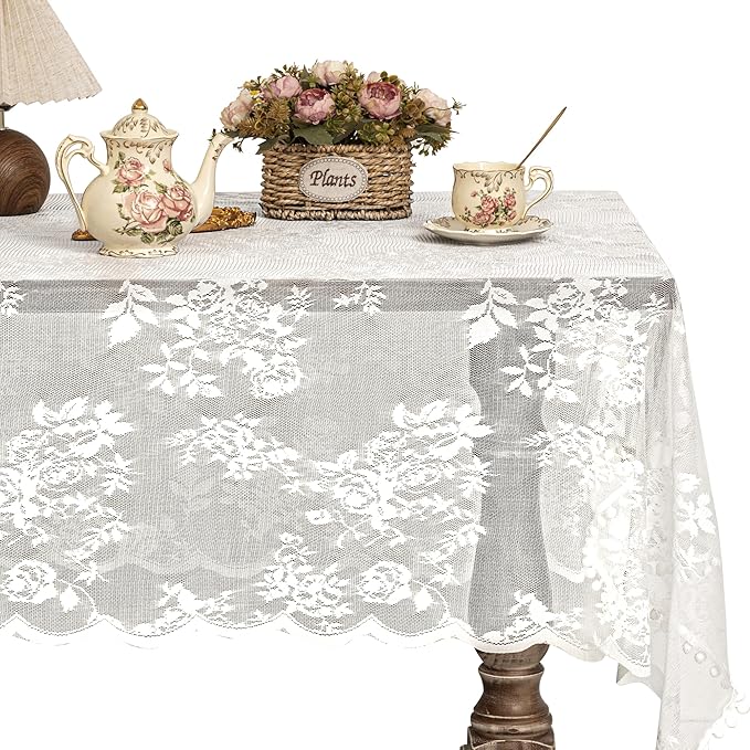 Jayla White Lace Tablecloth for Rectangular Tables, Vintage Style Wedding Table Cloths for Reception, Baby Shower, Birthday Party, Formal Dining, Dinner Parties 54 X 54 Inches