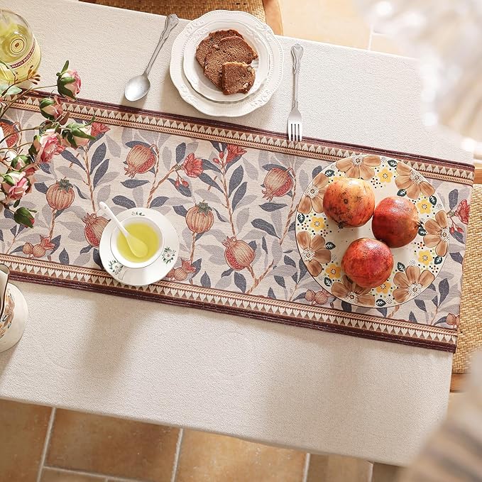 patdrea Designer Vintage SaddleBrown Linen Table Runner 71 Inch Long, Pomegranates Pattern Table Mat, Decoration for Kitchen Dining Table Coffee Table Shelf Cabinet Banquet Christmas ,12"*71"