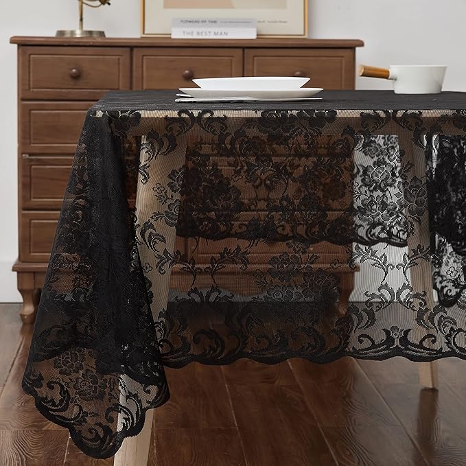 LinenZone Square Black Tablecloth for Rustic Vintage Decor. Sheer Lace Table Cloth Works Great As Wedding Tablecloth or Thanksgiving Table Cover. (Mia TC 60 x 60, Black)