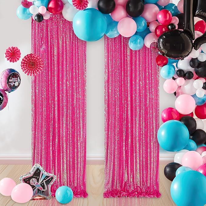 Iridescent Hot Pink Curtains Sequin Backdrop for Wedding Party - 2FT x 8FT Photo Background Backdrop Sparkly Baby Shower Decorations 4 Pcs