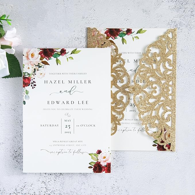 20Pcs Gold Glitter Laser Cut Invitation Cards With Blank Inner Sheets for Wedding Cards Bridal Shower Engagement Quinceanera Invitation (No Envelopes)