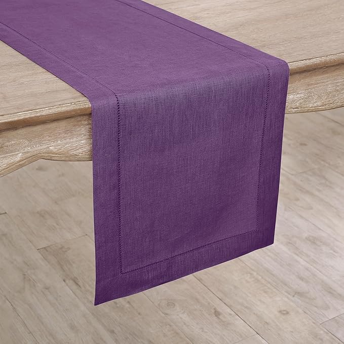 Solino Home Linen Purple Table Runner 72 Inches Long - 100% Pure Linen Hemstitch Table Runner 14 x 72 Inch for Dresser, Dining, Fall, Autumn, Halloween, Thanksgiving, Holiday - Classic Hemstitch