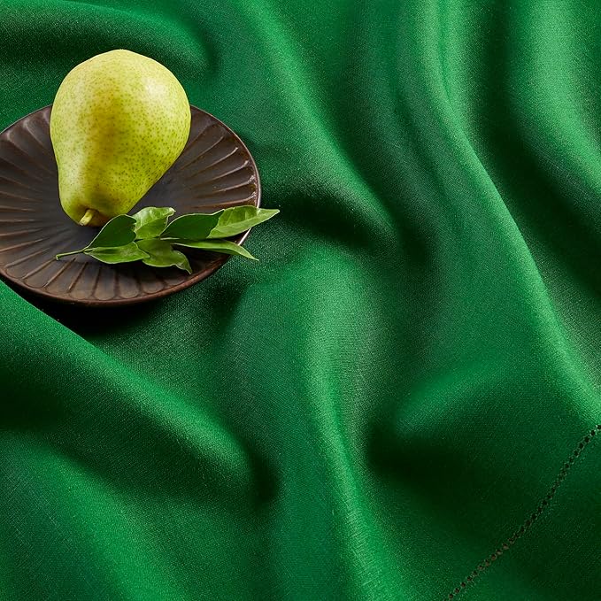 Solino Home Linen Garden Green Table Runner 108 Inches Long - 100% Pure Linen Hemstitch 14 x 108 Inch Table Runner for Dining, Christmas - Classic Hemstitch