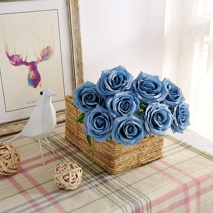 Artificial Rose 10pcs Open Flower Bouquet Faux Rose Stems for Wedding Arrangement, Bridal Bouquet, Centerpiece, Fake Faux Silk Flowers (Dusty Blue)