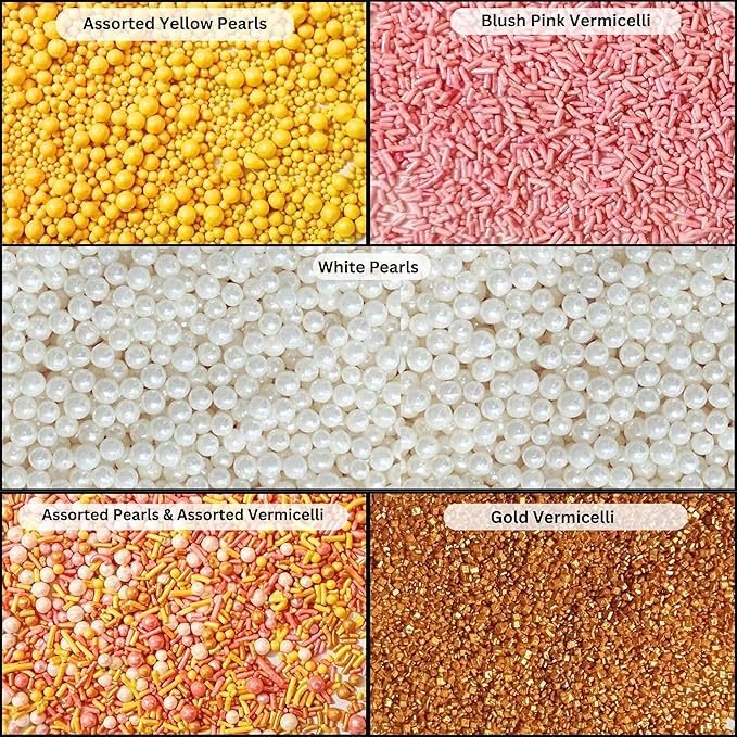 Confect Sprinkles – 5 Pack Assorted Cake Decorating Mix (Yellow & Pearl Dragees, Hot Pink Jimmies, Sparkling Gold Sugar) – Celebration Spring & Summer Sprinkles - Festive Toppings for Cakes, Cupcakes, Cookies, Birthday Parties – Vegan, Gluten-Free, Nut...