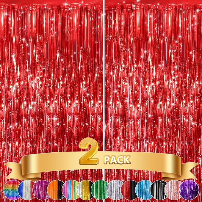 2Pack Red Foil Fringe Curtain, Glitter Red Metallic Tinsel Foil Fringe Curtains Photo Booth Backdrop for Birthday Party, Door Streamers for Wedding Bridal Shower Bachelorette Xmas Party Decorations