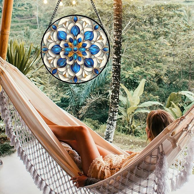 Stained Glass Window Hanging - Blue and White Abstract Flowers Suncatcher for Door Terrace Garden Home Decor, Gold Sun Catcher Birthday Gifts for Lovers Women Men Dad Mom Nana 15 in