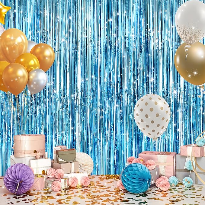 GCB 2Pack Blue Metallic Tinsel Foil Fringe Curtains, Blue Door Streamers Photo Booth Backdrop for Birthday Party, Tinsel Curtain Backdrop for Baby Shower Bachelorette Xmas Party Decorations
