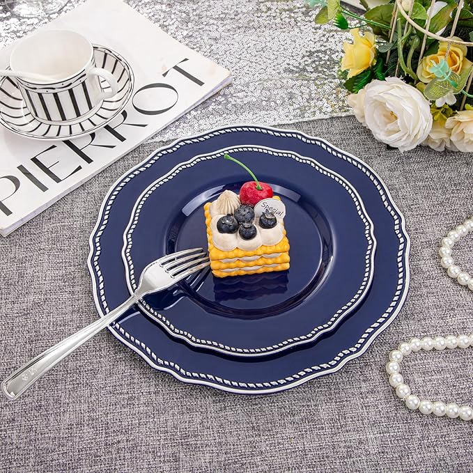 Hioasis 60pcs Blue Plastic Plates - Blue and Silver Disposable Dinnerware with Gold Rim, Heavy-duty, 10.25 inch, Dinner Plates for Party & Wedding