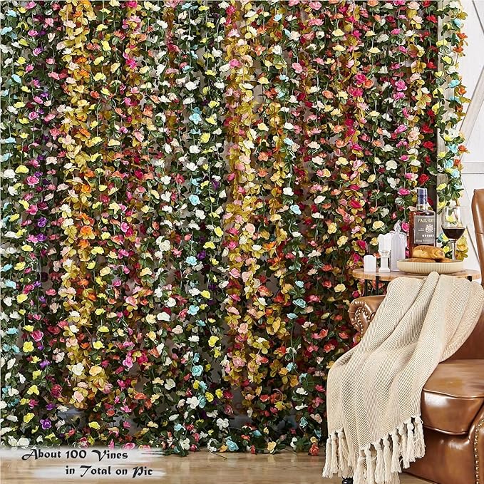 6 Pcs x 8.2 ft Flower Garland Artificial Rose Vine Flowers with Green Leaves Hanging Fake Roses Vine for Room Party Home Wedding Birthday Christmas Wall Arch Decor, Champagne Flower