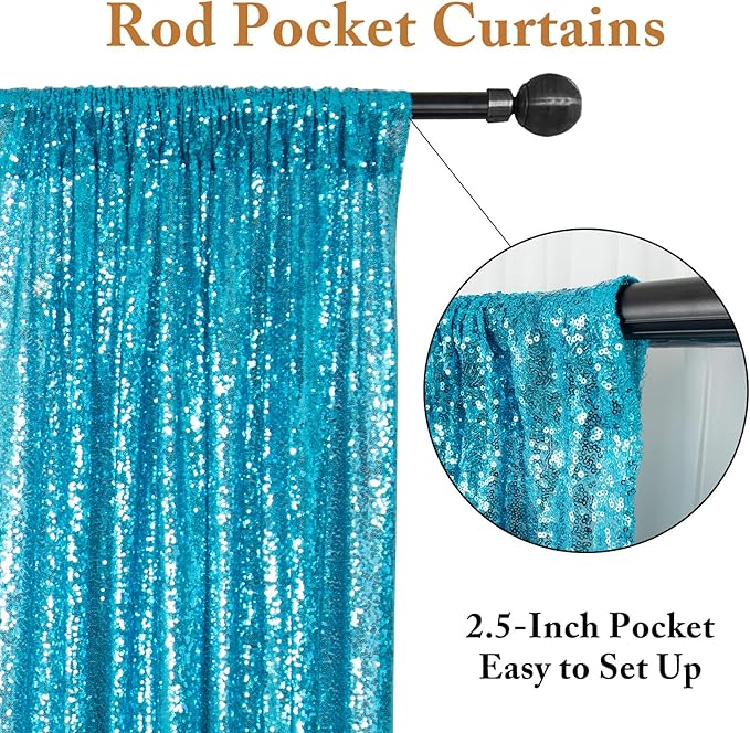 ShinyBeauty Turquoise Curtains 8 Panels, 2Ftx8Ft, Glitter Photograph Backdrops, Blue Backdrop Curtain for Parties,Birthday Decor,Sequin Background