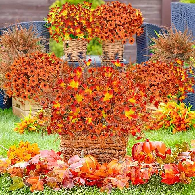 64Pcs Fall Flowers Outdoor Faux Fall Flowers Plants UV Resistant Autumn Artificial Plastic Flowers Greenery Fall Decoration for Outside Home Porch Patio Thanksgiving Decoration
