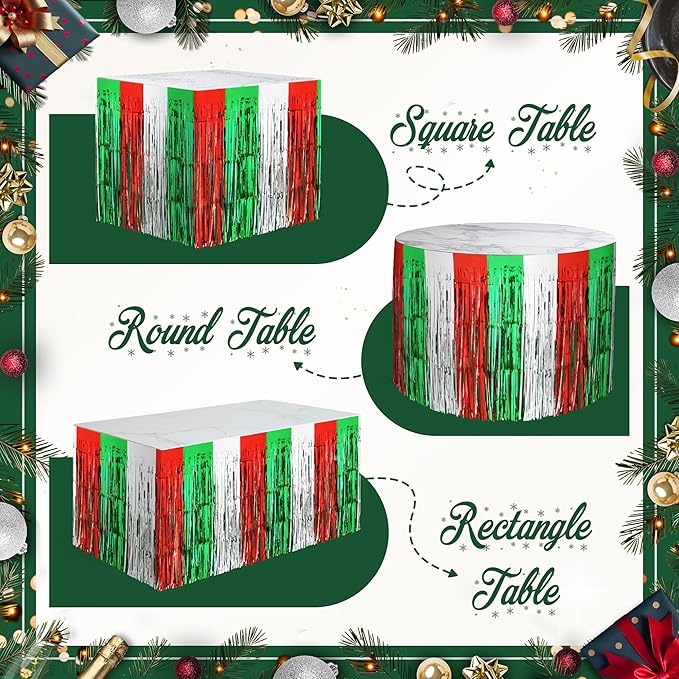 2 Pack Christmas Table Skirts, 29x108" Red & Silver & Green Metallic Foil Tinsel Fringe Table Skirts for Rectangle Tables Streamer Curtain Backdrop, Party Decoration for Xmas Birthday Wedding Holiday