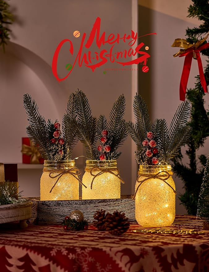 Christmas Centerpieces for Tables, Table Decor with Mason Jar, Flowers Picks, Farmhouse Wood Tray, Christmas Winter Table Decorations Centerpieces, Xmas Holiday, Kitchen, Room, Dining Decor
