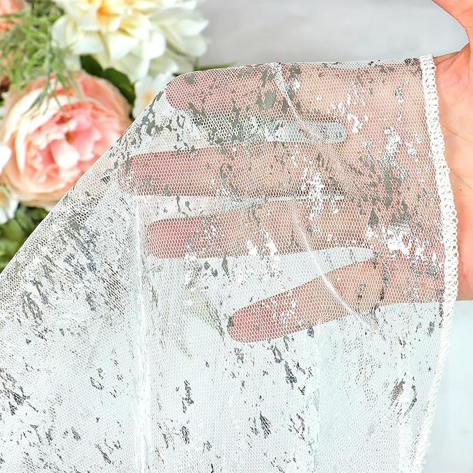 LOMOHOO 10 Ft Silver Table Runner, Silver Sheer Sequin Table Runners 120 Inches Long Glitter Metallic Foil Lace Fabric Table Decor for Birthday Party Wedding Anniversary Centerpiece (1pcs)