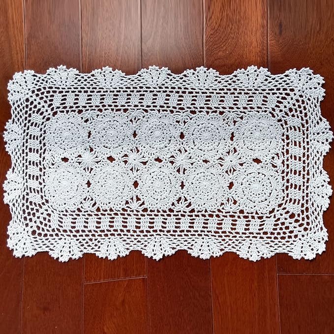 Phantomon Lace Table Runner Rectangular Table Cover Cloth Handmade Crochet Floral Placemats 100% Cotton (Floral White, 15x28Inch)